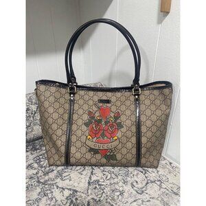 Gucci Tattoo Heart GG Supreme Canvas Patent Leather Tote Bag COA included